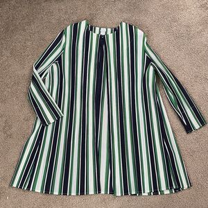 Chicos Travelers Cardigan Women’s 3 Navy Green Stripe Slinky Plisse Pleated